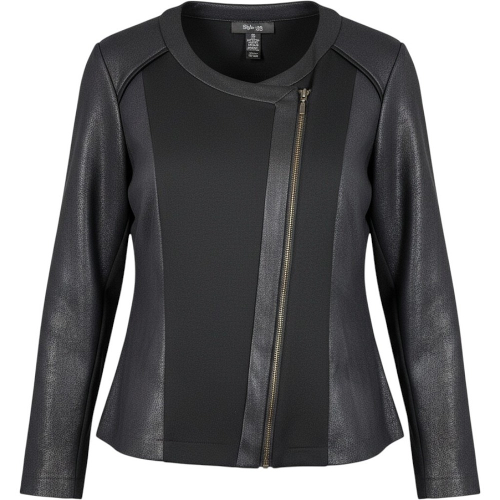 Style and Co Moto Jacket‎ Womens PM Mixed Media Metallic Asymmetrical Zip